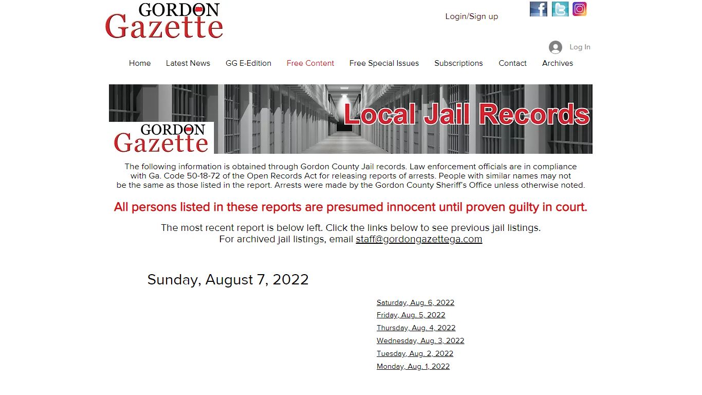 Jail Records - Gordon Gazette